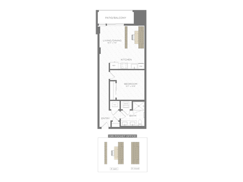 Floor plan for 1 bed, 1 bath, 622 sqft